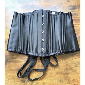 Camellias Underbust Black Satin Corset Size XL Lace Up Metal Front Hooks Bustier
